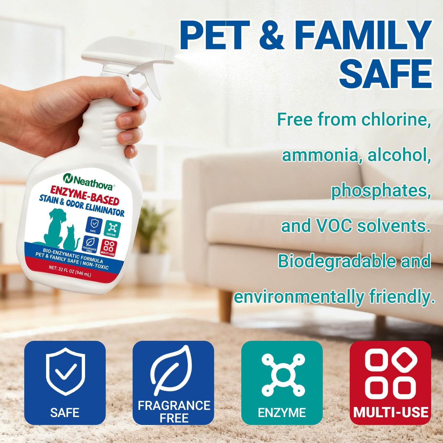 Stain & Strong Odor Eliminator, Enzyme Cleaner, Pet Odor Eliminator for Home - Carpet Stain Remover for Cats & Dog Pee - Urine Destroyer - Carpet Cleaner Spray Clear (Unscented)